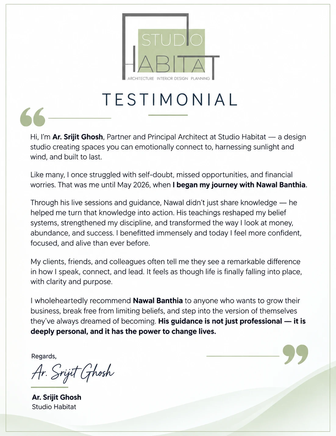 Written testimonial from Ar. Srijit Ghosh