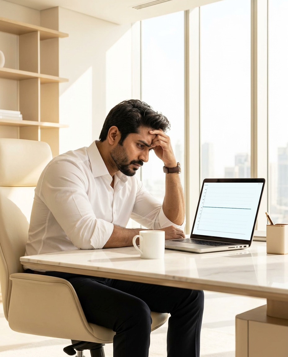 A stressed professional staring at an income chart that has stopped growing