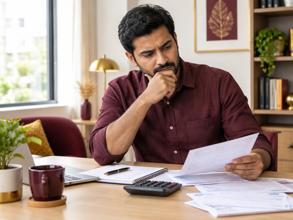 A professional reflecting on bills and money decisions